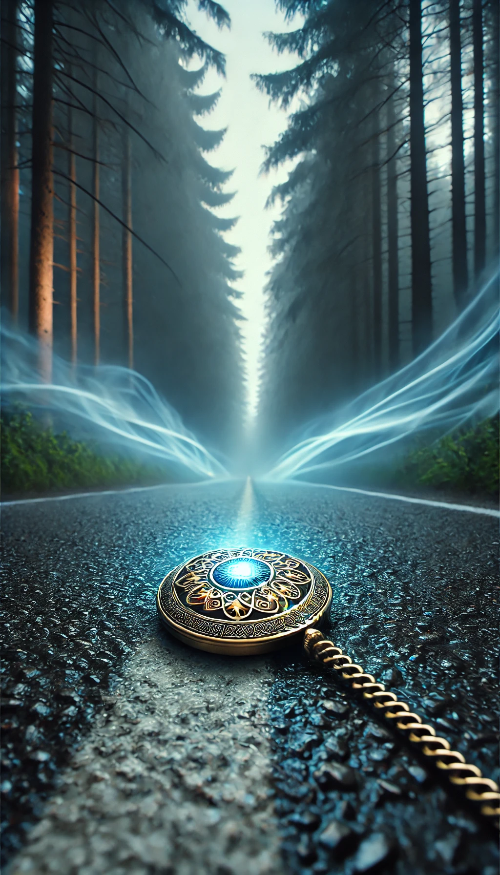 A closeup of a glowing trinket lying on the forest floor surrounded by mist The trinket is small but seems important with intricate glowing mystical designs on it The background shows a portion of the road and forest with the mist swirling softly around The lighting is muted with soft blues and greys and the glow of the trinket stands out against the darker surroundings This image is meant to transition smoothly into the next scene with a subtle and mysterious atmosphere