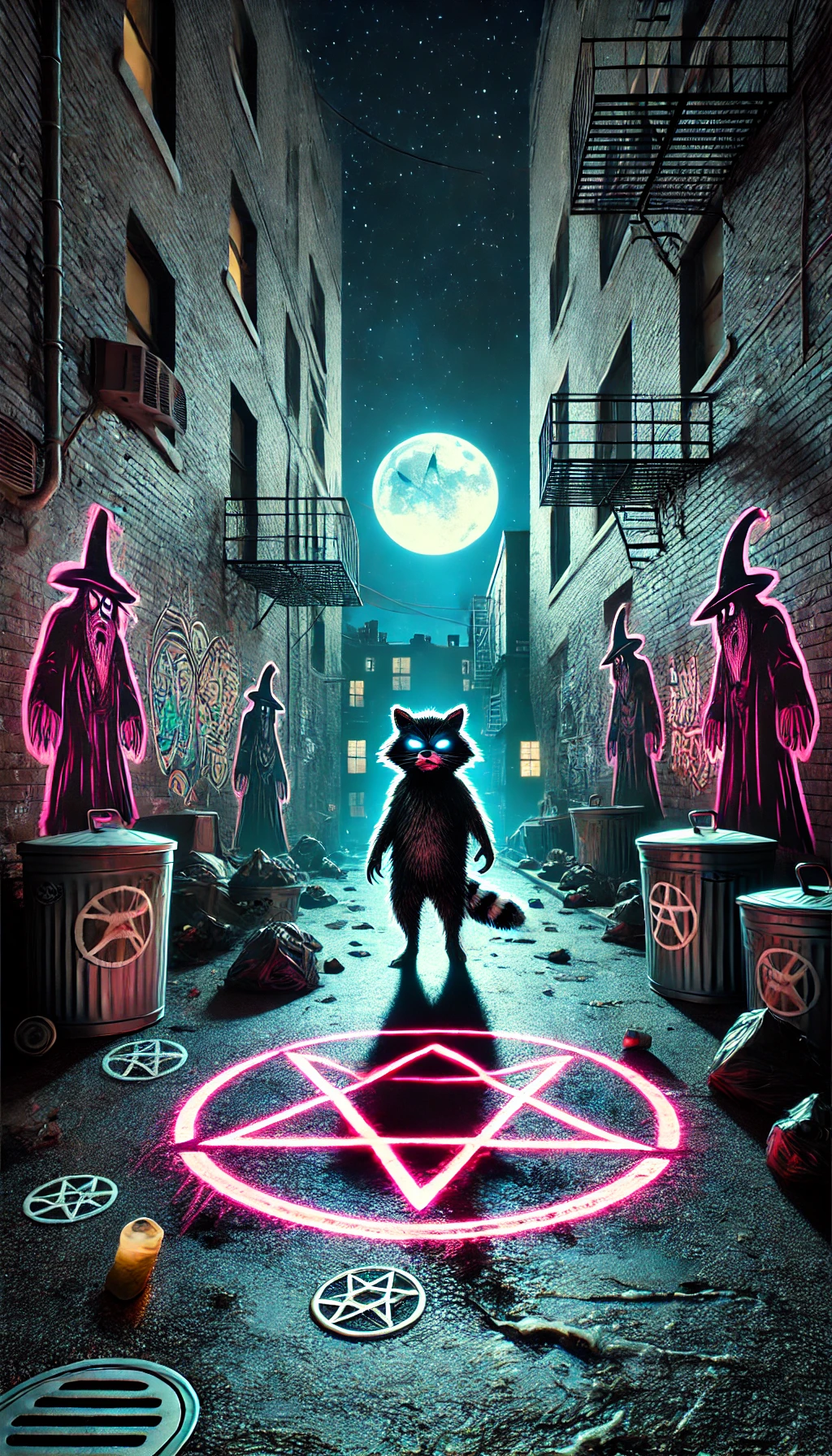 A wide view of a city alley bathed in moonlight with occult symbols and dark mystical graffiti glowing on the walls A TrashCat or raccoon figure stands in the center illuminated by a glowing pentagram on the ground Shadows of witches loom in the background The setting is eerie and mystical combining street art with occult elements The lighting is dark and moody with neon and moonlit glow casting highlights on the character The font is comic book style bold jagged and used as graffiti on the alley walls spelling Witches Rite in neon