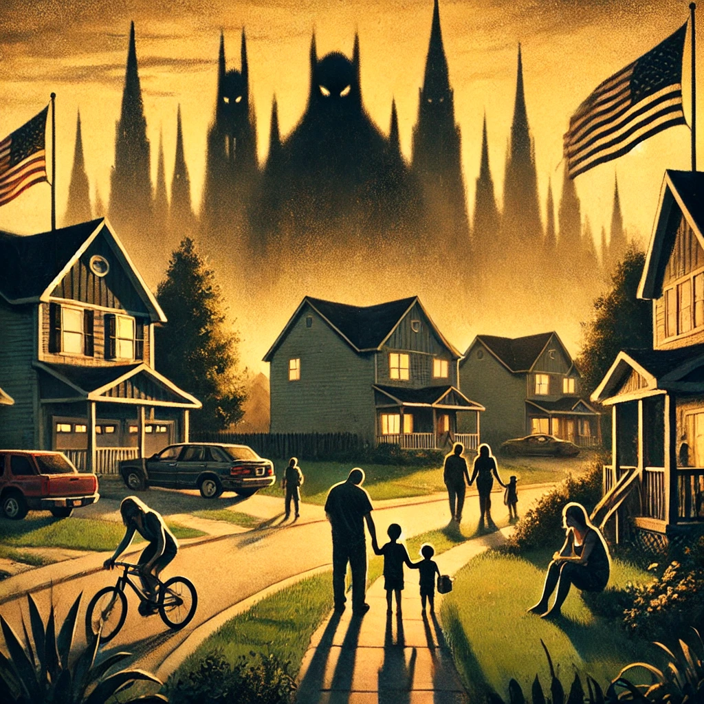 A peaceful suburban neighborhood now darker and more ominous The shadows have grown and taken over parts of the scene The families and children are no longer visible replaced by dark faceless figures lurking in the shadows The once golden sunlight is fading replaced by a growing darkness and tension in the atmosphere The American Dream seems to be under siege