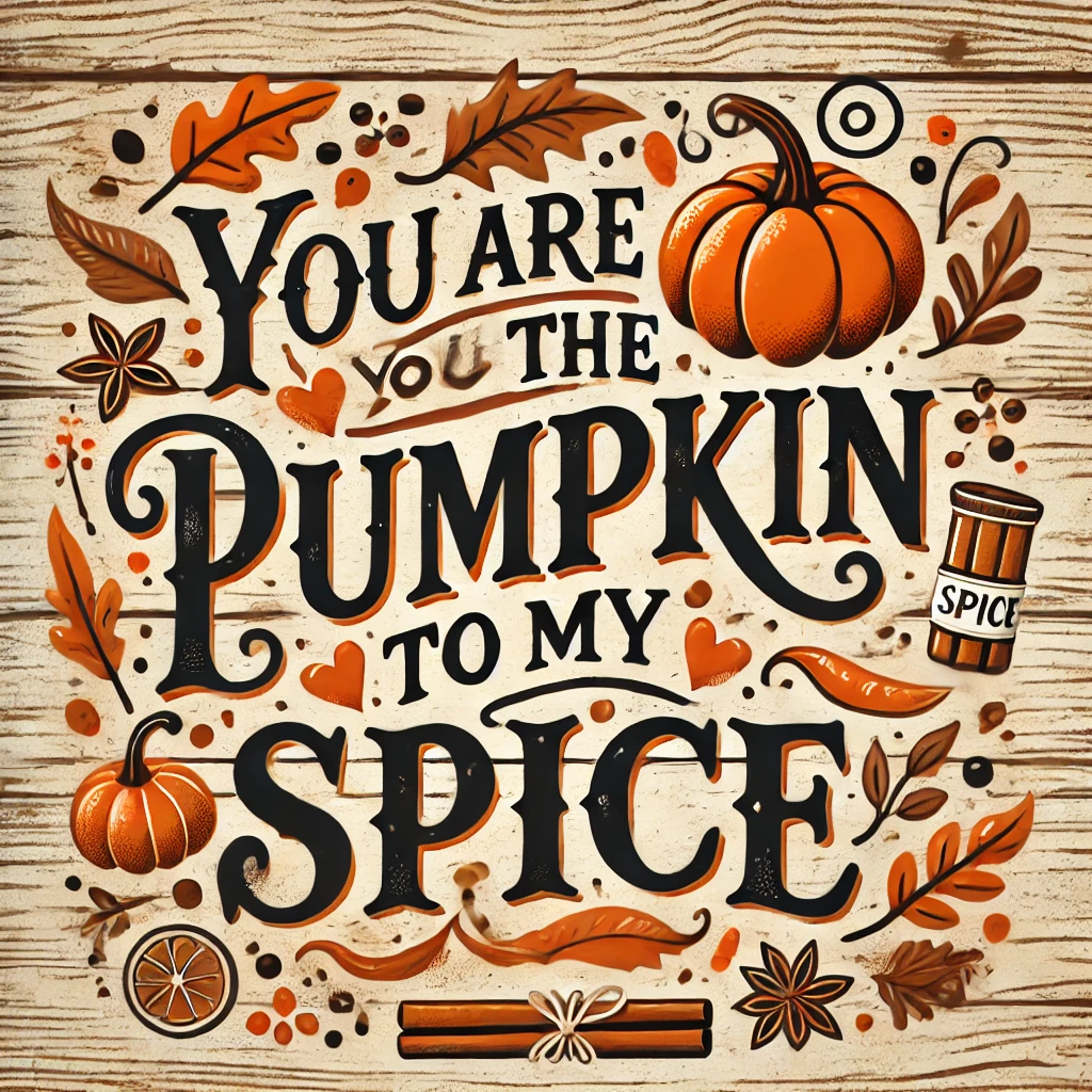 A cozy autumnthemed design featuring the phrase You are the Pumpkin to my Spice in playful typography The text is decorated with fall elements like pumpkins cinnamon sticks autumn leaves and warm shades of orange brown and cream The background features a rustic wood texture with subtle accents of spices and pumpkins scattered around giving a warm and inviting feel