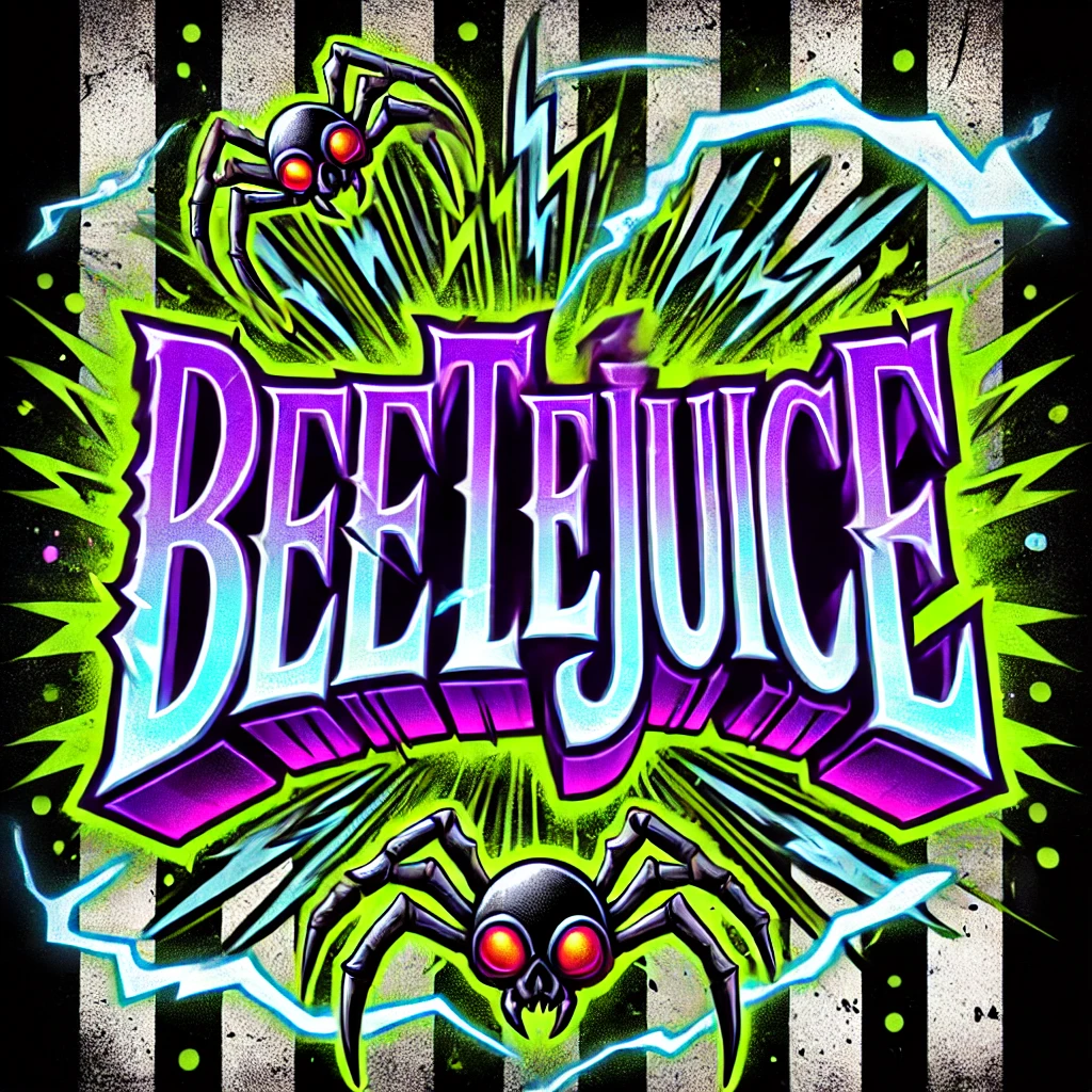 A spooky design with the text Beetlejuice written in a bold blocky font with electric crackles around the edges of the letters The text glows in bright neon purple with electric blue and green sparks radiating from it The background features blackandwhite stripes but with zigzag patterns of electric bolts scattered throughout Glowing spiders with metallic legs and red eyes crawl across the stripes adding to the chaotic electric theme The overall aesthetic is dynamic energetic and chaotic capturing the essence of supernatural chaos