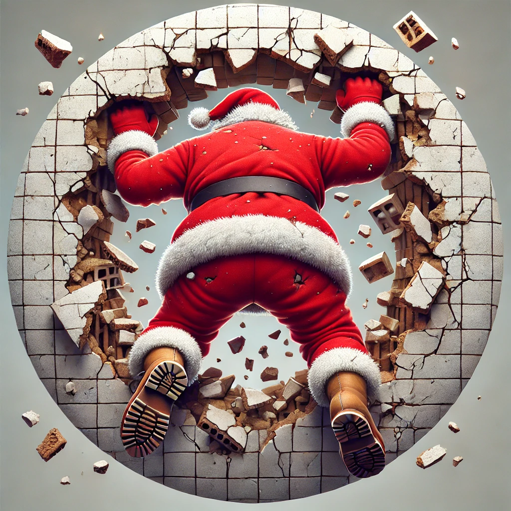 In this 1050x1050 circular ornament design we see the back of Santa pushing through the same thick cracked wall The bricks and pieces are scattered around him framing his legs as they dangle out of the opening Santas iconic red suit trimmed in white fur contrasts with the scattered debris His boots kick outwards as he pushes through the wall adding to the sense of motion and playfulness The cracks in the wall radiate outwards enhancing the effect of his forceful exit Every detail from the crumbling bricks to Santas boots is contained perfectly within the circular boundary making for a wellbalanced and humorous ornament design