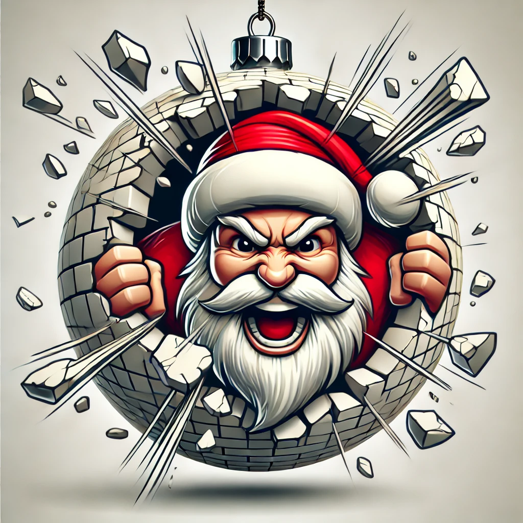 A funny and dynamic 3Deffect circular ornament design featuring Santas face bursting through a cracked wall Santa has a humorous expression as he energetically breaks through the wall with pieces of debris flying around The design is contained fully within the circular ornament frame and captures a playful holiday moment perfect for the front side of a twosided ornament