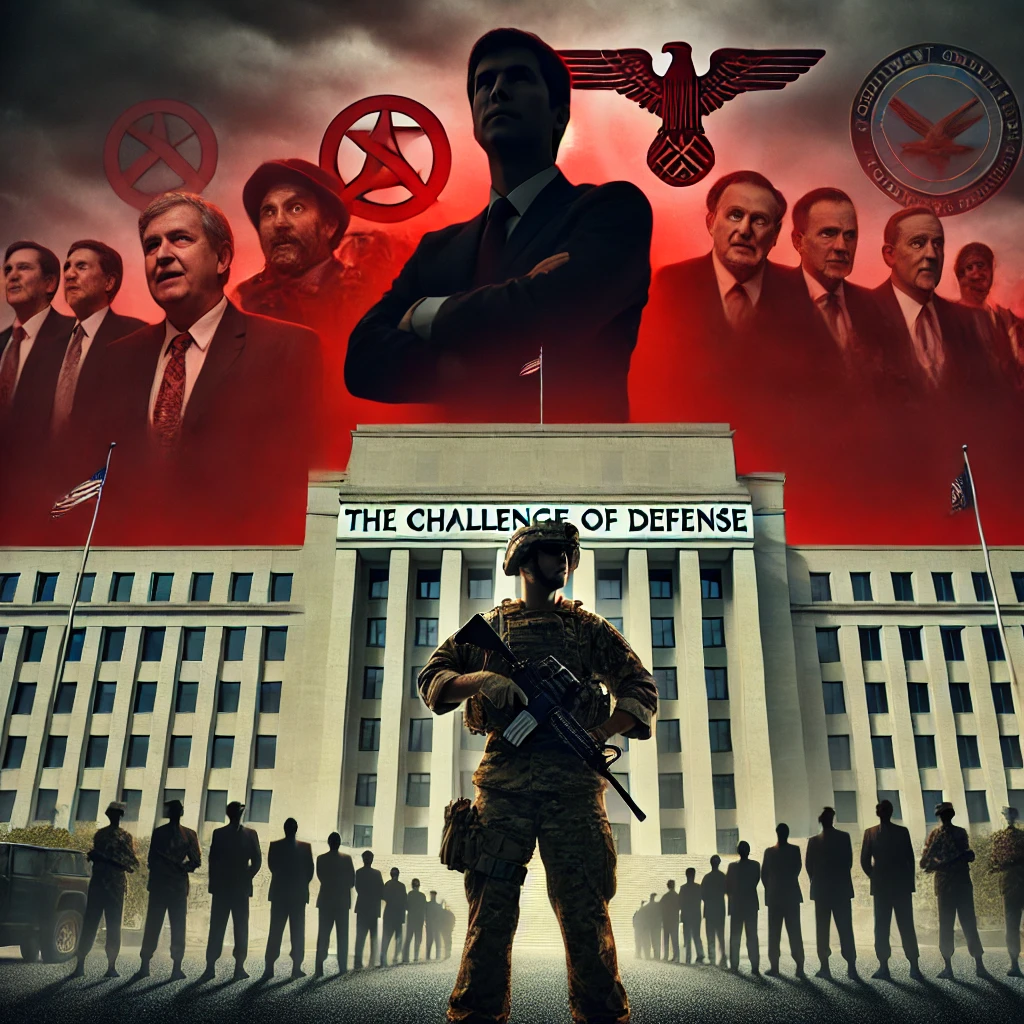 A powerful image titled The Challenge of Defense The Department of Defense building stands tall but dark clouds loom overhead with leftist political symbols clashing against military insignia In the foreground a soldier stands firm looking forward with determination but shadows of bureaucratic figures loom large behind him symbolizing the political challenges undermining military readiness The scene features dark moody lighting with stark contrasts between the soldiers face and the looming shadows behind him The sky is lit by an ominous redtinted glow Typography The Challenge of Defense in bold authoritative font at the top of the image subtly cracked as though under pressure