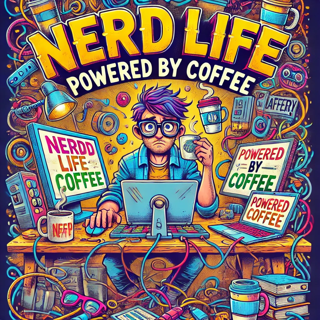 A nerdy character looking tired but determined surrounded by colorful coffee mugs and tangled wires while working on a computer The typography reads Nerd Life Powered by Coffee in a jittery handwritten style The scene is alive with vibrant colors the energy of caffeine fueling their work There are multiple screens wires and gadgets filling the room creating a chaotic yet productive atmosphere The overall vibe is geeky caffeinated and slightly chaotic