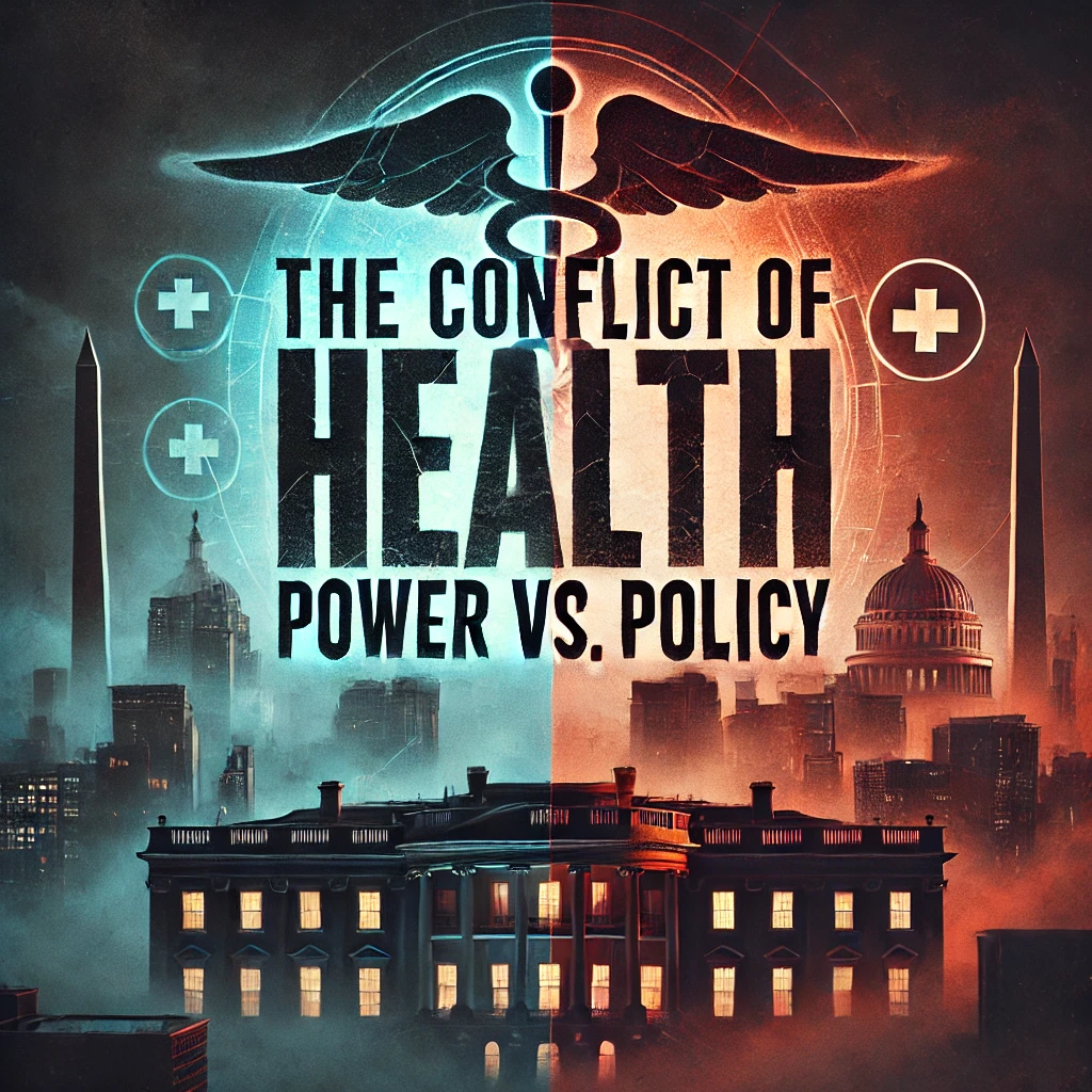 A dark and moody typography cover titled The Conflict of Health Power vs Policy The background features a shadowy image of government buildings and healthcare symbols in contrast with the text in bold cracked font at the top The words Power and Policy are slightly larger positioned at opposite sides of the image to signify their opposing forces Subtle red and blue lighting contrasts between the left and right sides to emphasize political divide The atmosphere is tense and mysterious with dark clouds swirling overhead
