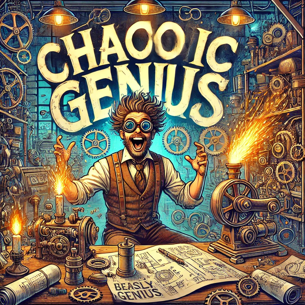An eccentric inventor in a cluttered lab filled with steampowered gadgets sparks flying and blueprints scattered everywhere The inventor looks thrilled but a little chaotic with wild hair and goggles The typography reads Chaotic Genius in handsketched frantic letters that match the chaotic energy of the lab The colors are vivid and the scene feels alive with creative madness There are gears cogs and sparks flying in the background adding to the sense of barely controlled genius