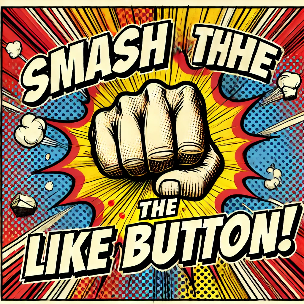 A dynamic comic book style design featuring the phrase Smash the Like Button The design should include a powerful fist punching through a wall with debris flying outwards The text should be bold and slightly tilted matching the energy of the action Use vibrant colors like red yellow and blue with comicstyle halftone shading and action lines to enhance the impact The overall style should evoke the excitement and intensity of a superhero comic book