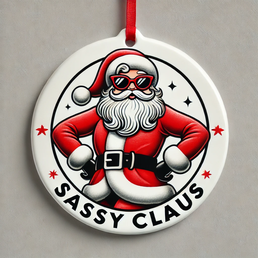 A playful circular ornament design featuring Santa Claus with a sassy expression hands on hips wearing sunglasses and a fashionable Santa suit The phrase Sassy Claus is written above in bold confident typography The scene is humorous and festive fully contained within the circular frame