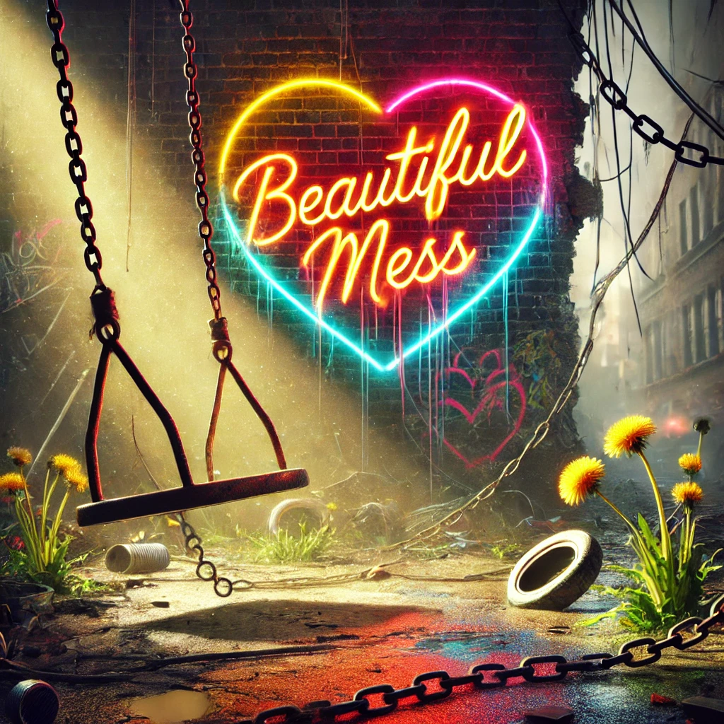 A cluttered street with broken neon lights flickering a rusty swing tangled with chains in the foreground and a graffiti heart glowing on a crumbling wall The title Beautiful Mess appears in a distressed glowing font Dandelions are sprouting from the cracks in the pavement symbolizing resilience and beauty amidst the wreckage