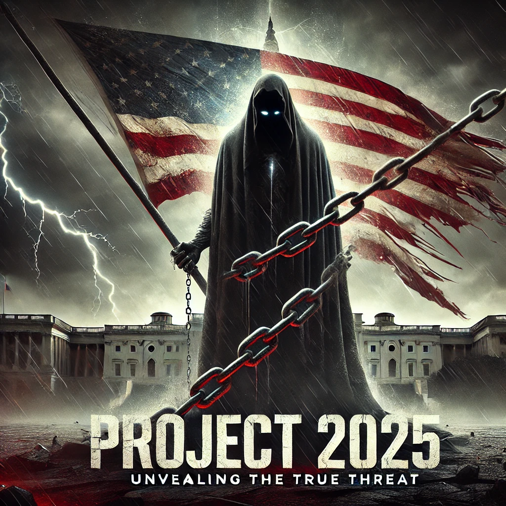 A powerful cover image for Project 2025 The image features a dark moody landscape with an ominous figure draped in shadows looming over a fractured American flag Chains wrap around the flagpole symbolizing oppression and control The Capitol building appears cracked and crumbling in the background under stormy skies with lightning illuminating it The text Project 2025 appears in bold shattered font at the bottom of the image along with a subtitle reading Unveiling the True Threat Dark tones with flashes of red and orange accents convey the sinister themes of authoritarianism and domestic terror