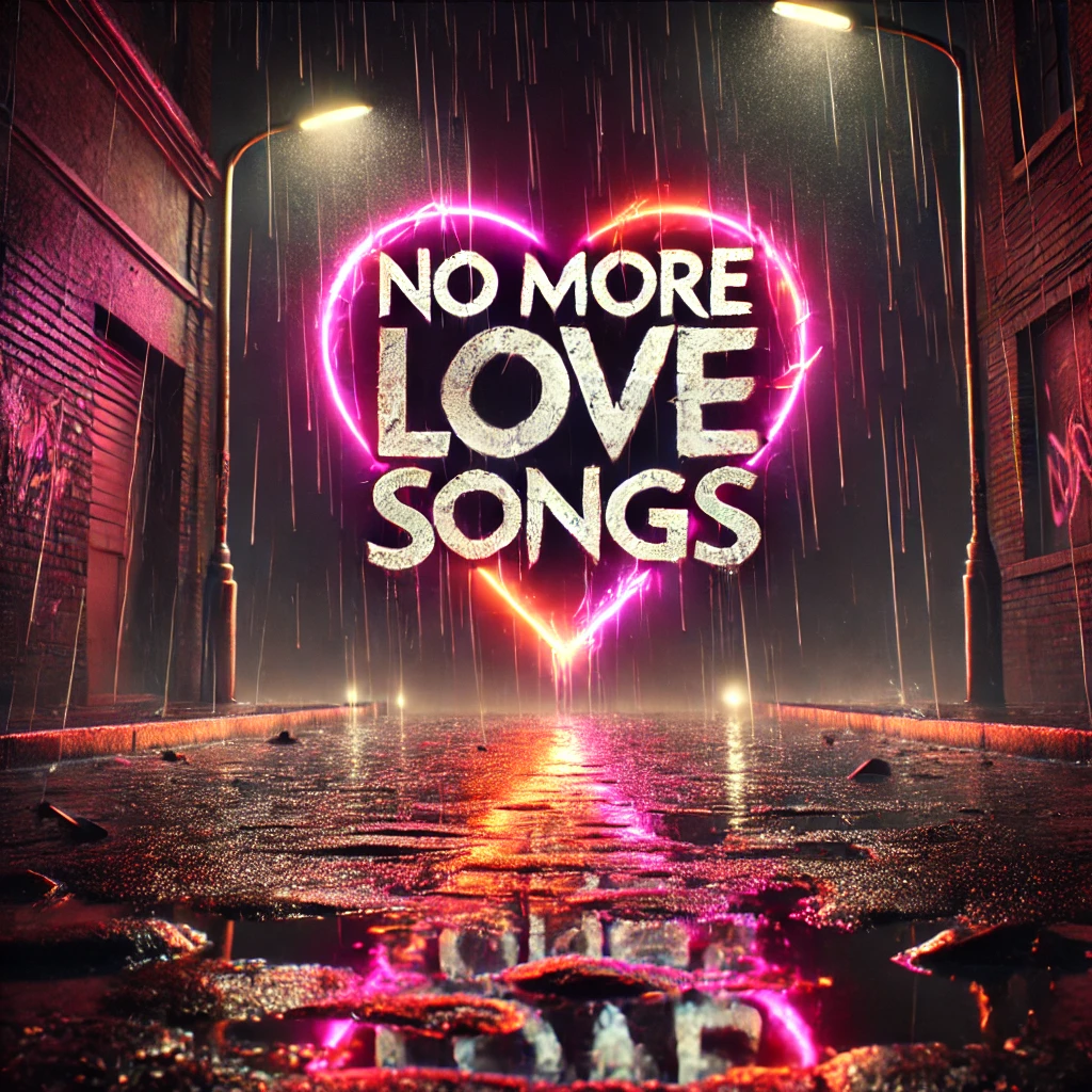A weathered neonlit street at night with rain reflecting off the ground In the center bold typography reads No More Love Songs in a cracked metallic font with a glowing heart graffiti behind it The background is dark emphasizing the emotional weight of the song Pops of neon pink and orange light the scene reflecting the intensity of the songs theme of imperfections and chaos