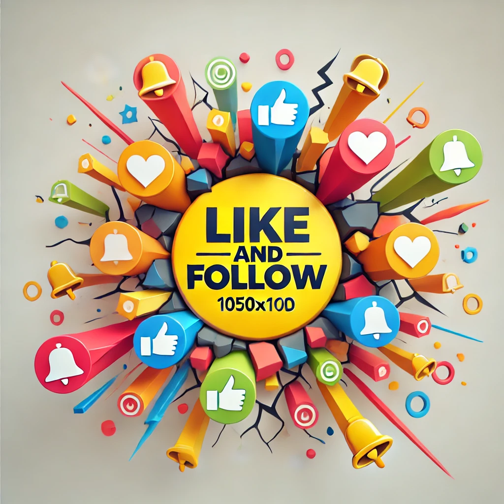 Create another 1050x1050 3D design featuring the phrase Like and Follow with a different playful variation The text should be breaking through a cracked wall with more dynamic movement using a colorful mix of social media icons like thumbs up heart and bell notification symbols flying out from the cracks The circular section in the center should highlight the phrase with bold typography making the design feel energetic and modern