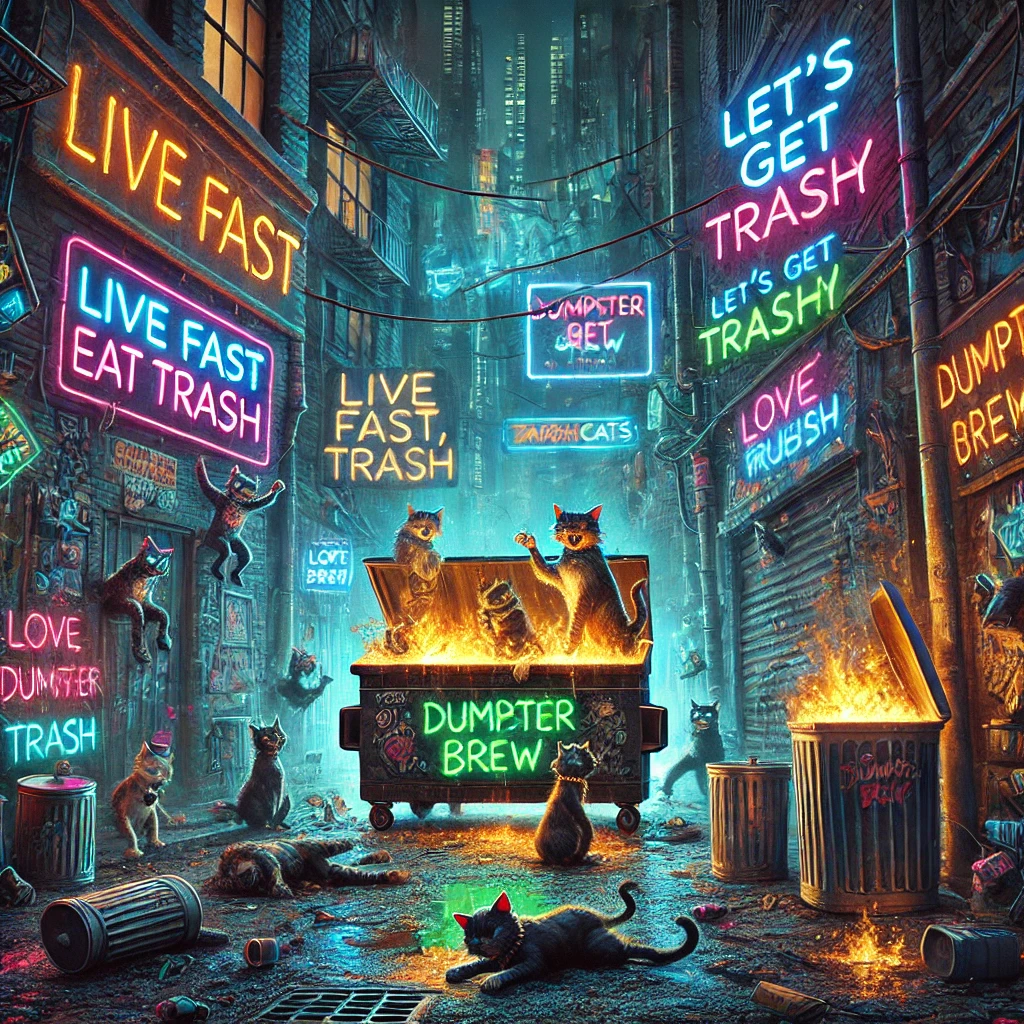A dark gritty urban alley with neon signs graffiticovered walls and burning dumpsters TrashCats are partying around a flaming dumpster with trash cans covered in glowing graffiti Some signs say Live Fast Eat Trash Lets Get Trashy and Love is Rubbish The scene shows TrashCats laughing drinking Dumpster Brew and celebrating surrounded by chaotic rebellious energy The neon signs flicker and trash is strewn everywhere The alley is filled with punk rebellious energy blending trash and celebration in the TrashCat world
