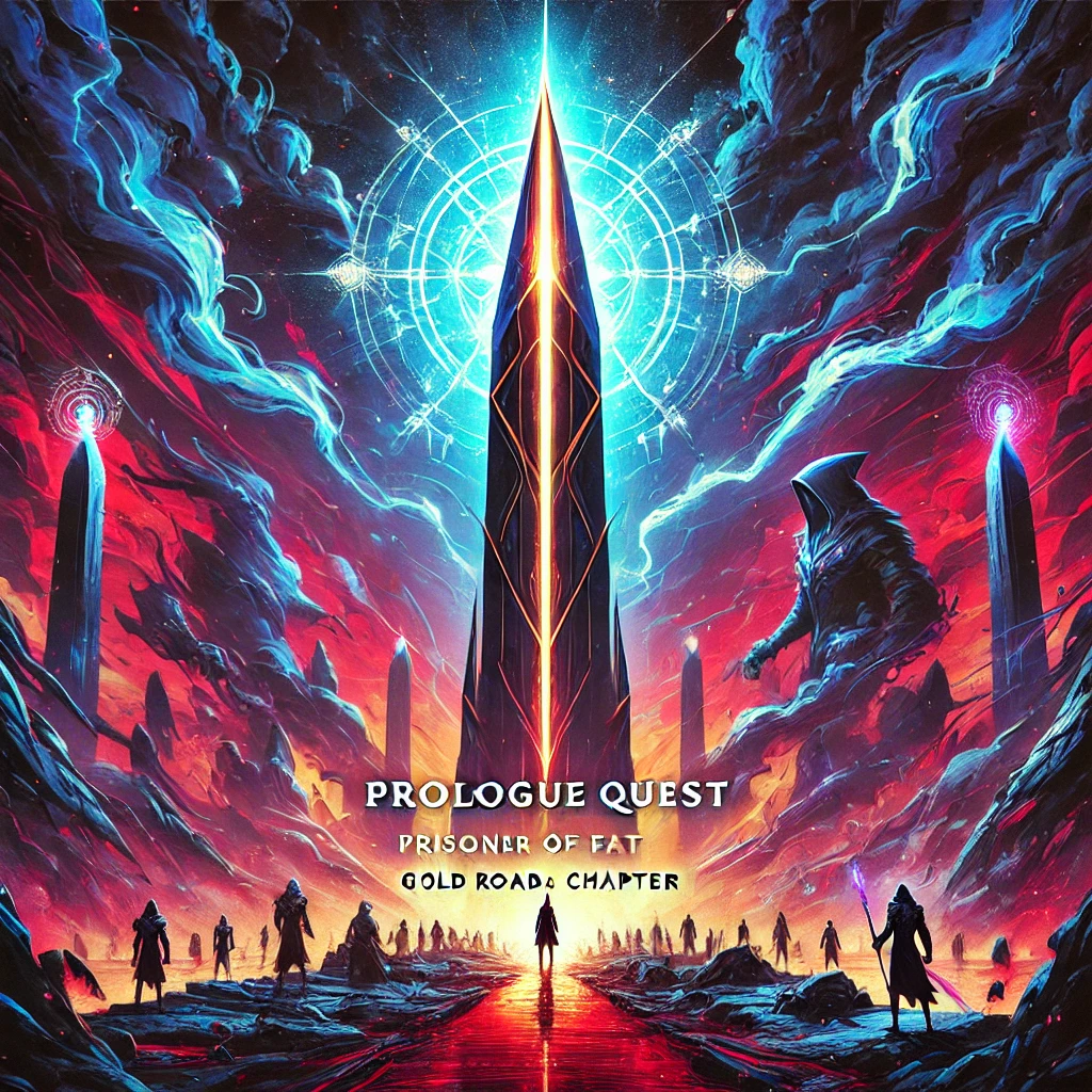 A vibrant fantasy landscape featuring a glowing obelisk surrounded by magical energy Shadowy figures stand beneath preparing for a climactic battle The sky is filled with electric blue lightning while the ground pulses with red energy The typography reads Prologue Quest  Prisoner of Fate  Gold Road Chapter in bold sharp glowing letters at the top of the image matching the intensity of the scene The colors are vibrant with dark tones contrasting the bright magical energies evoking a sense of high fantasy and urgency
