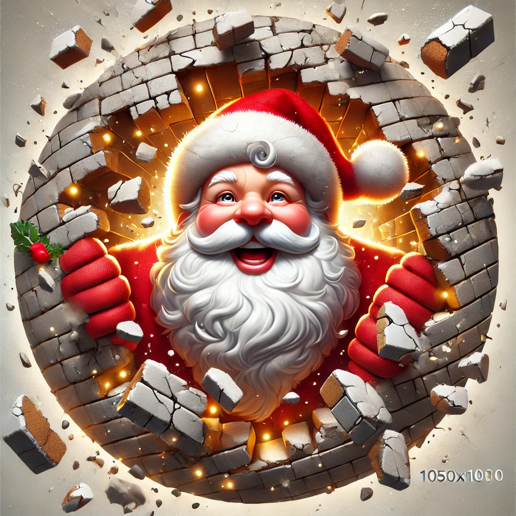 In this 1050x1050 circular ornament design Santa is bursting through a thick cracked wall his cheerful face framed by chunks of crumbling brick His expression is joyful yet determined as if he has triumphed through some sort of holiday challenge The wall pieces are scattered around him creating a dynamic sense of motion His classic red and white suit is crisp with his hat tilted playfully to one side Santas beard is fluffy and full accentuating his glowing rosy cheeks Surrounding him a festive glow emanates from subtle golden lights embedded into the cracks adding to the magic of the moment The entire design is contained perfectly within the circular boundary with no elements breaking free from the circle