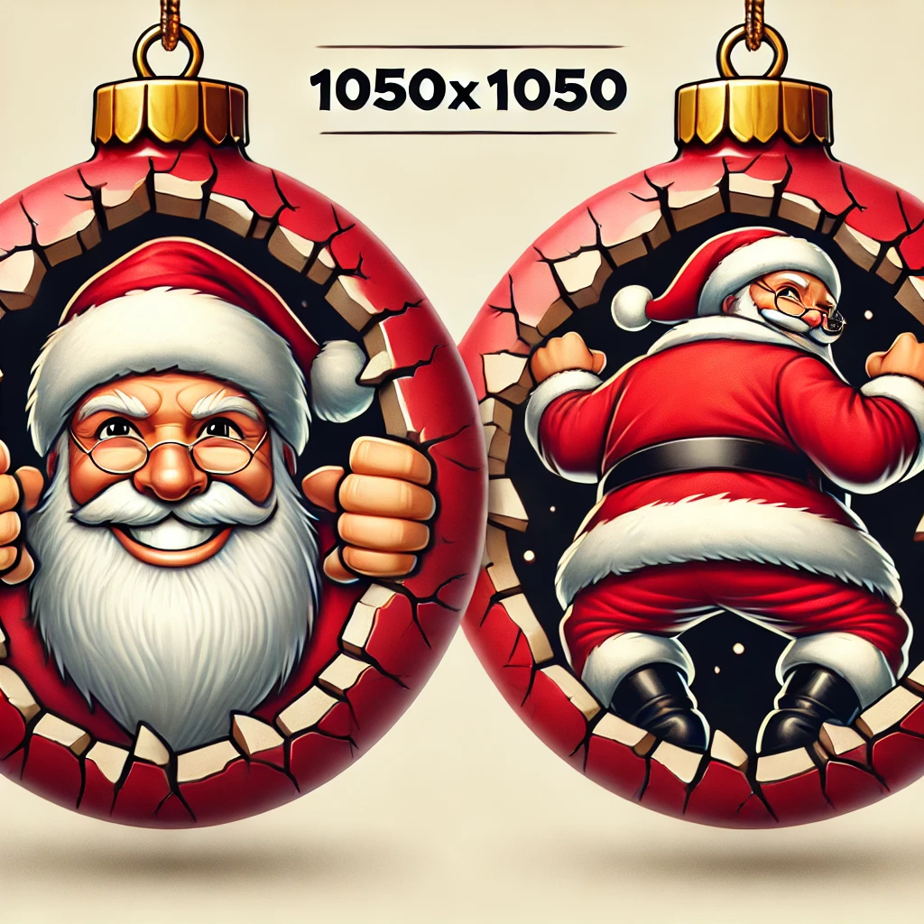 In this 1050x1050 circular ornament design Santa is humorously shown breaking through a cracked wall On the front side Santas cheerful face peeks through the crack with a warm smile The background features festive red tones highlighting his red hat and suit On the reverse side Santas back is shown humorously pushing through the cracked wall emphasizing his iconic red suit and boots Both sides are framed within the circular ornament creating a playful and festive holiday design