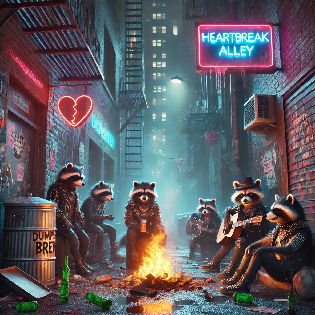 A dark urban alley filled with neon signs graffiticovered walls and trash cans set aflame Raccoons with punk accessories like spiked collars leather jackets and bandanas are gathered around a burning trash bin playing guitars and drinking from cans labeled Dumpster Brew The ground is littered with broken bottles and discarded love letters Above them a neon sign flickers Heartbreak Alley The mood is both rebellious and melancholic capturing the raw essence of survival and broken dreams The lighting is moody with a mix of vibrant neon and deep shadows