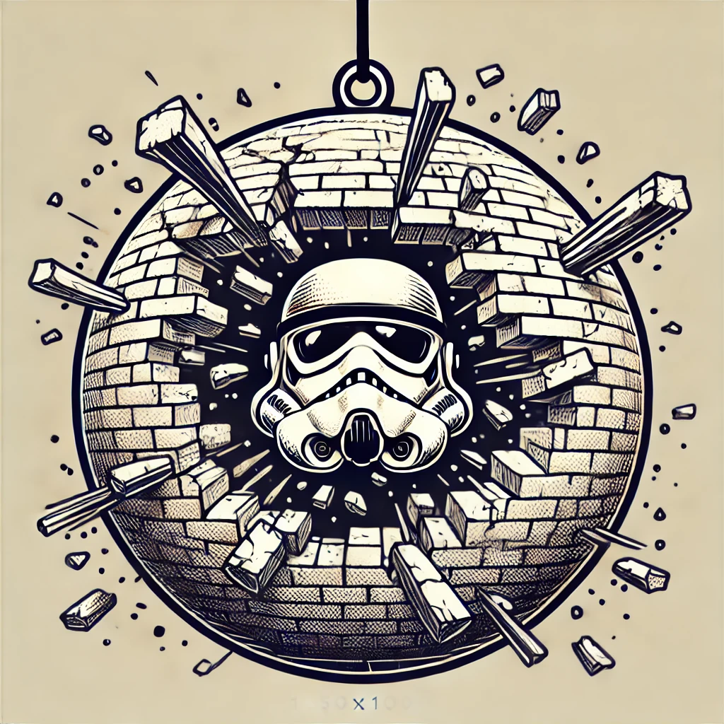 Create a circular design of 1050x1050 size featuring a rough cracked wall breakthrough Despite the chaotic scene ensure every element including explosive typography and scattered debris is contained perfectly within the circular boundary The scene should be humorous and festive designed for an ornament Ensure that all details remain balanced and constrained within the circular frame with elements like cracks debris and typography adding to the humor while still fitting harmoniously within the ornament design