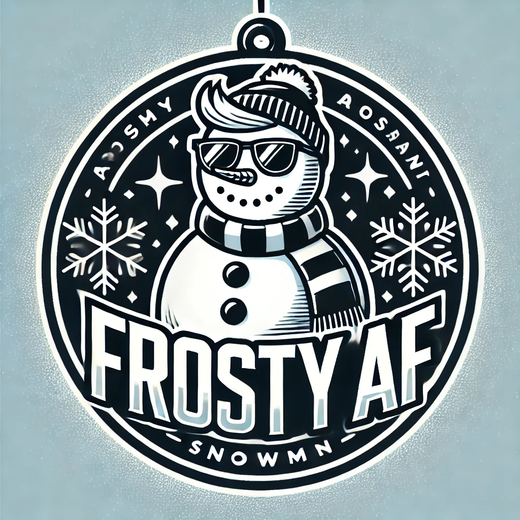 A modern circular ornament design featuring a cool snowman wearing sunglasses and a sleek scarf The snowman stands confidently with snowflakes falling around The phrase Frosty AF is written in sharp trendy typography giving the design a bold and fresh feel All elements are contained within the circular frame