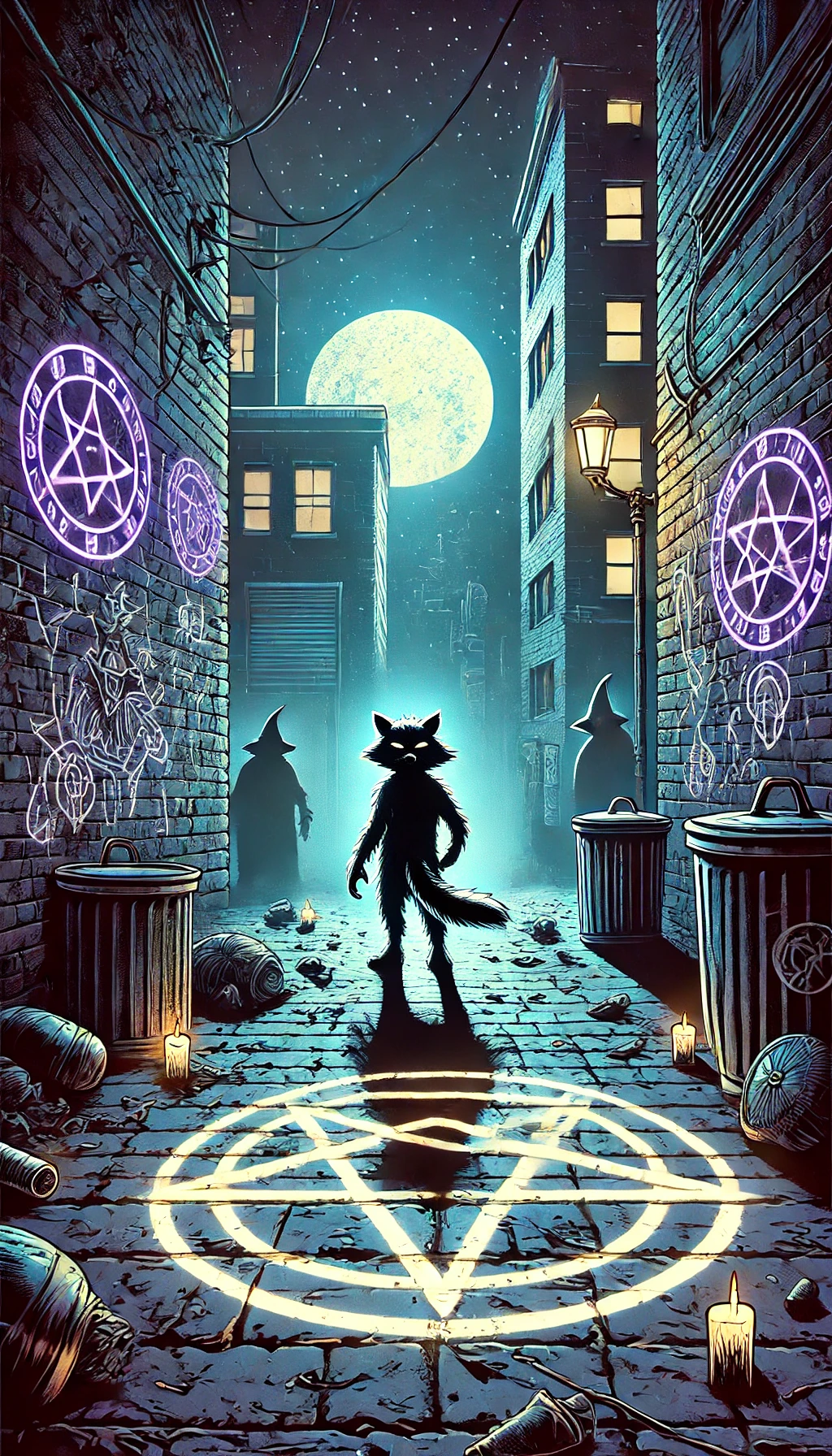 A wide view of a city alley bathed in moonlight with occult symbols and dark mystical graffiti glowing on the walls A TrashCat or raccoon figure stands in the center illuminated by a glowing pentagram on the ground Shadows of witches loom in the background The setting is eerie and mystical combining street art with occult elements The lighting is dark and moody with neon and moonlit glow casting highlights on the character The font is comic book style bold jagged and used as graffiti on the alley walls spelling Witches Rite in neon
