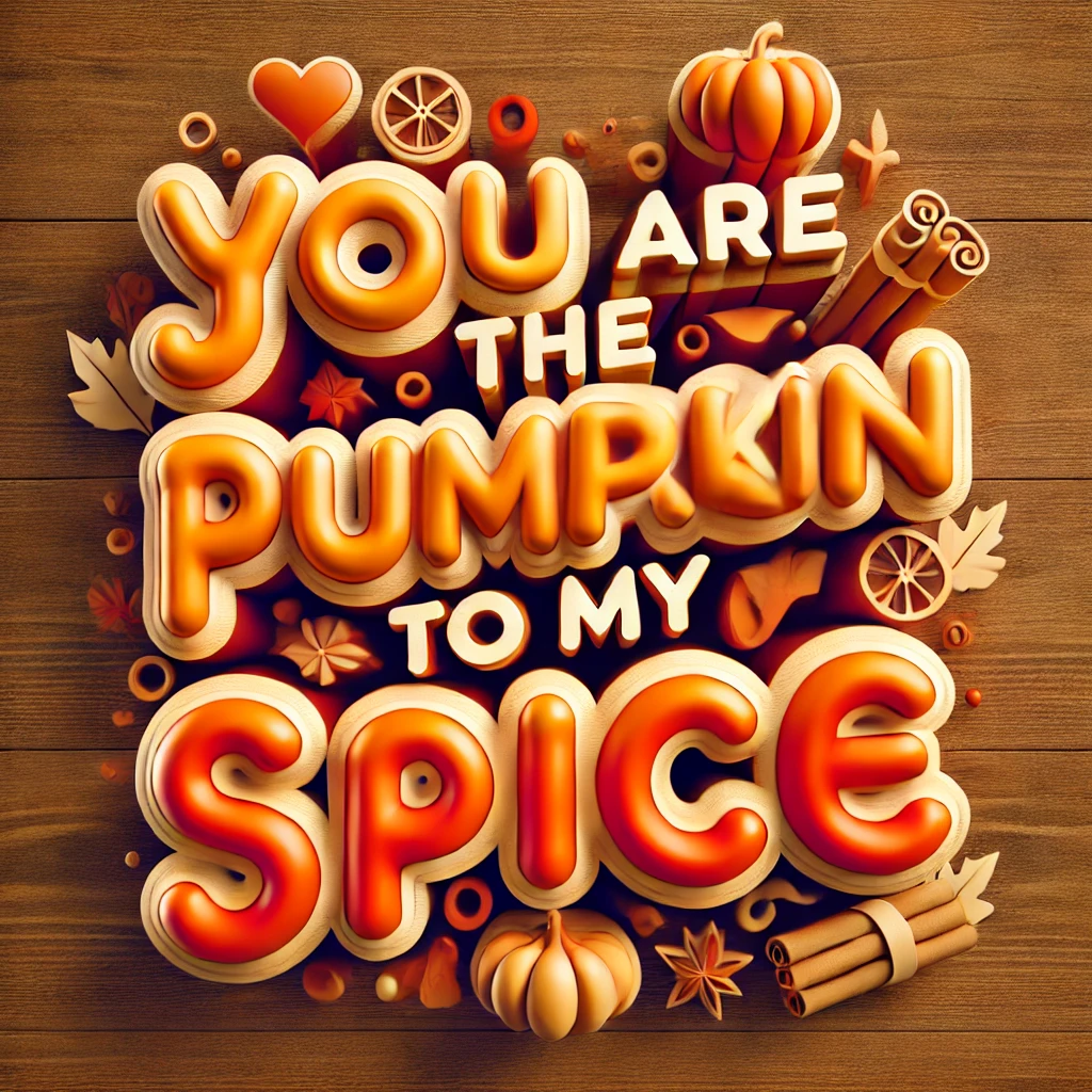 A vibrant and alive autumnthemed image with typography reading You are the Pumpkin to my Spice in a 3D inflated puffy style The letters should appear soft and rounded as if they are filled with air standing out from the 2D background The design should incorporate elements like pumpkins cinnamon sticks and autumn leaves with shades of warm orange browns and golden tones The background should feature a subtle wood texture to add a rustic touch while the entire image has a geeky and edgy vibe with bold lines and a playful yet modern look
