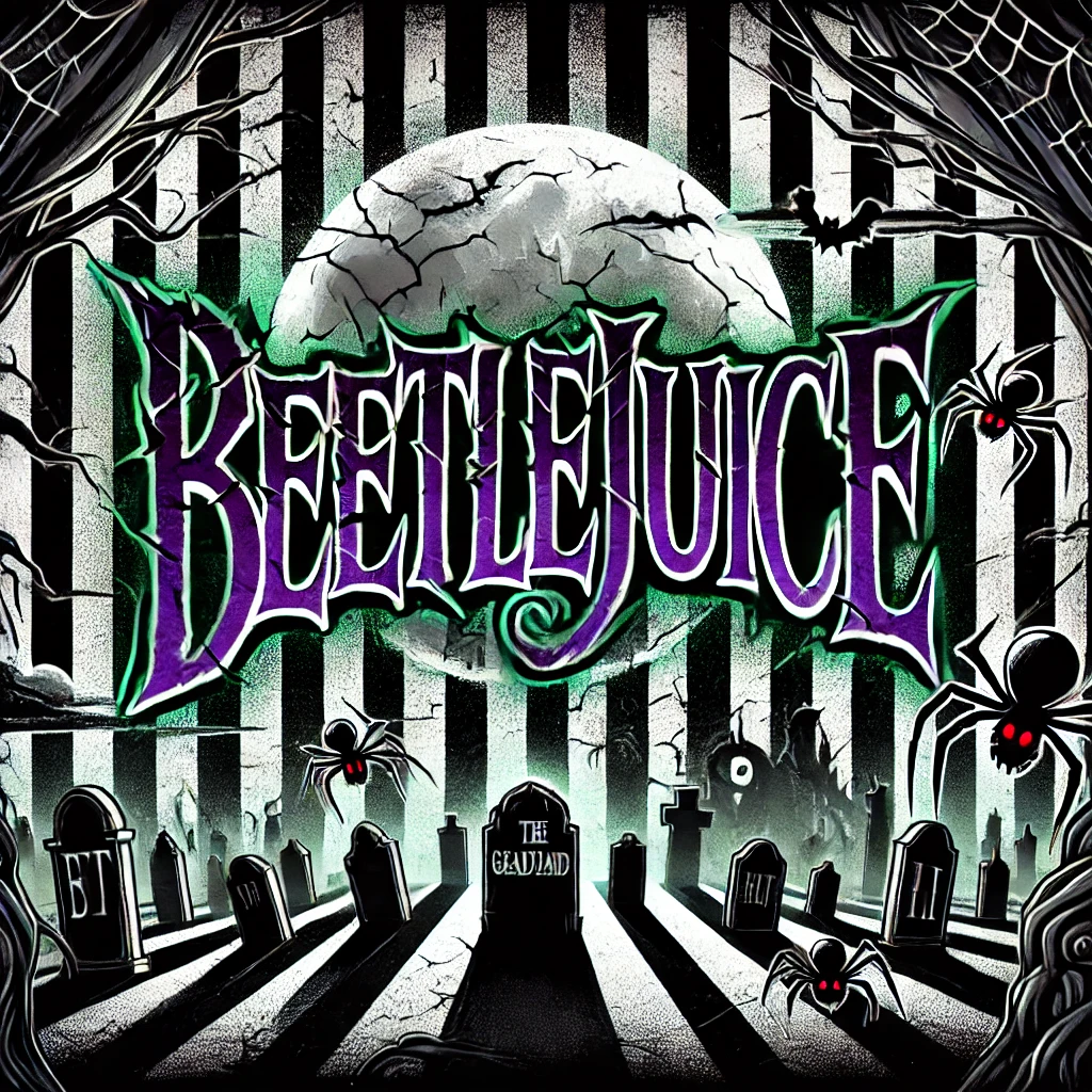 A Gothicthemed design with the text Beetlejuice written in a sharp cracked Gothic font The text is dark purple with a subtle green glow giving it a spooky appearance The background features blackandwhite stripes with shadows of tombstones and ghostly figures emerging between the lines creating the illusion of a hidden graveyard Spiders with red eyes crawl across the stripes adding a sinister element Faint moonlight shines from behind the text casting eerie shadows and giving the scene a haunted eerie look