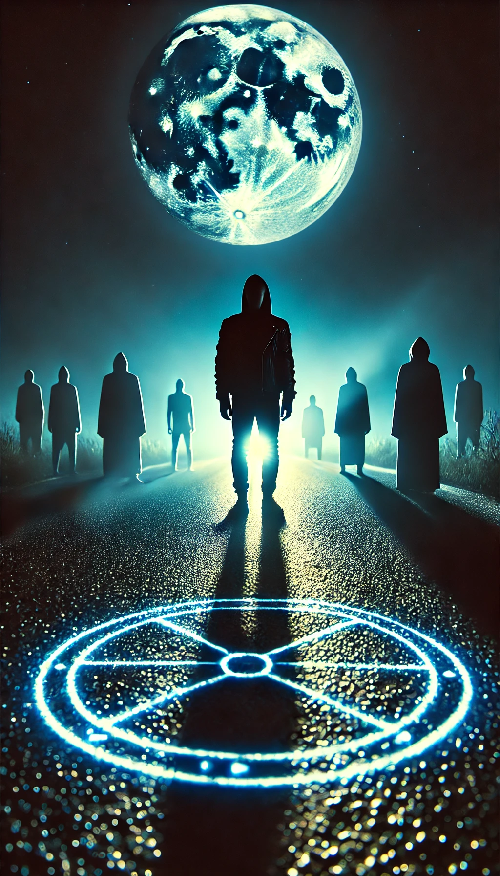 A mysterious figure standing on the road backlit by the moon Shadowy figures are slowly closing in from the edges and glowing symbols on the road create an eerie atmosphere The figure stands still facing the shadows with a sense of calm or resolve The lighting is dynamic with sharp contrasts between the bright moonlight the glowing symbols and the dark shadows Deep blues and purples dominate the scene giving it a mystical yet foreboding feeling