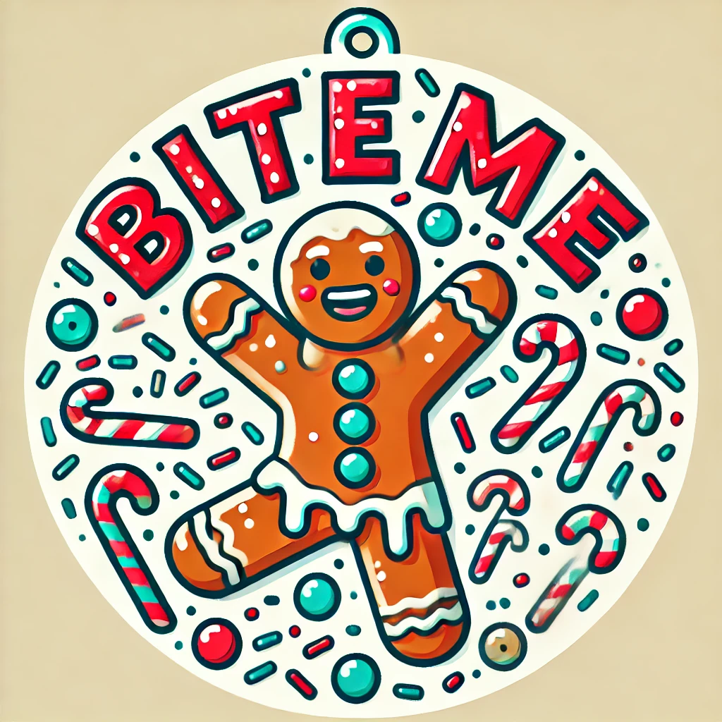 A playful circular ornament design featuring a gingerbread man surrounded by candy canes and sprinkles joyfully dancing The phrase Bite Me is written above in bold festive typography The scene is fun and lighthearted fully contained within the circular frame