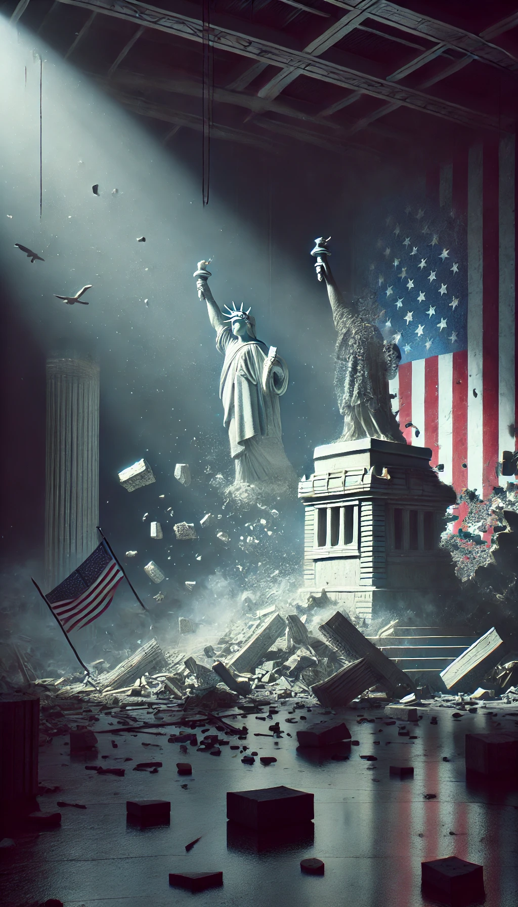 At 00053 The language of patriotism and traditional values is used to cloak the true intentions of destruction A crumbling nation is symbolized by falling pillars and cracked statues of liberty The scene is cold and desolate with the heritage of freedom being dismantled piece by piece Shadows creep in obscuring the remnants of democracy