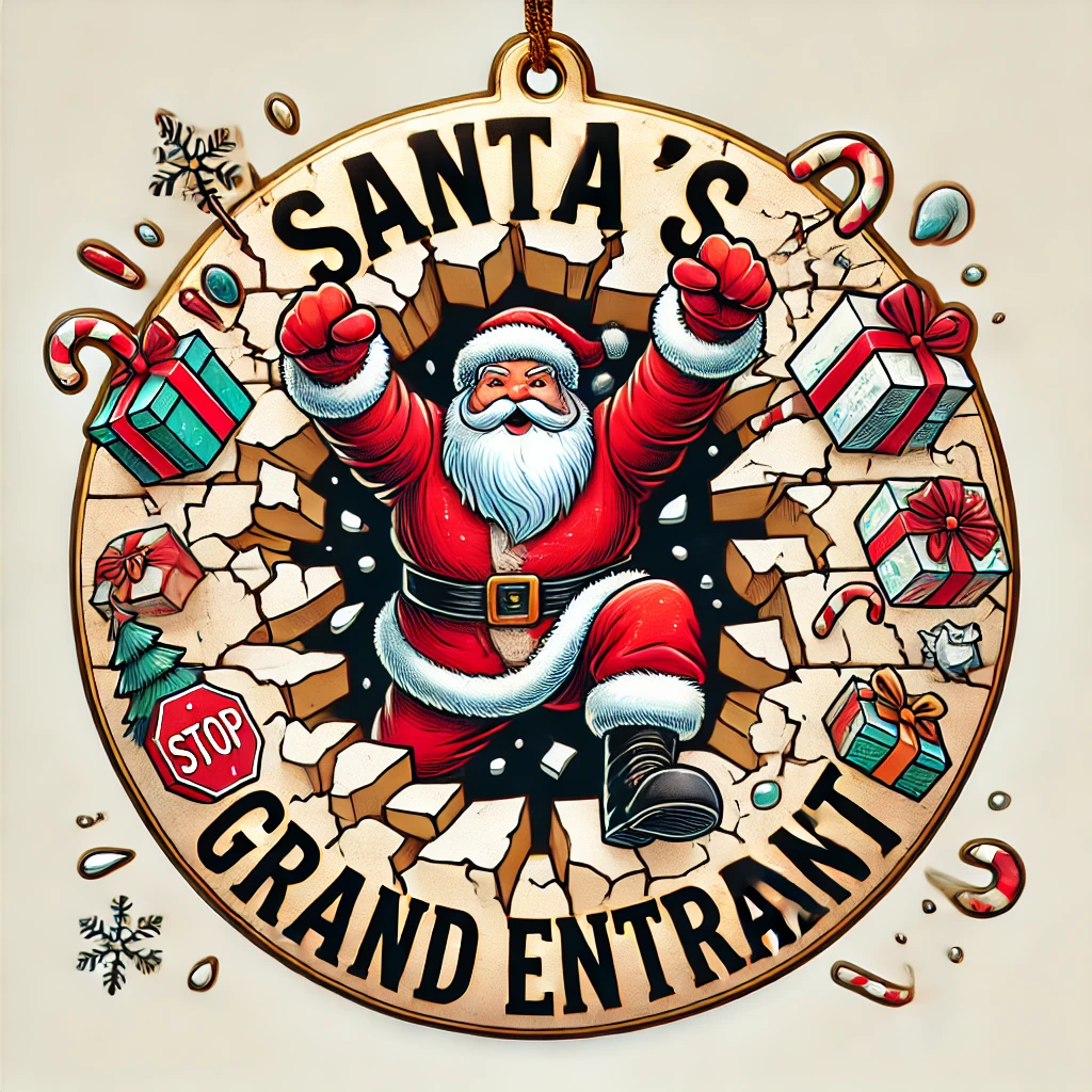 A festive holiday ornament design featuring a cracked wall breakthrough effect Santa Claus is playfully breaking through the wall surrounded by scattered gifts candy canes and snowflakes The typography at the top reads Santas Grand Entrance in bold joyful lettering that blends into the cracks of the wall The entire scene is balanced and contained within a circular frame capturing the excitement of Santas arrival