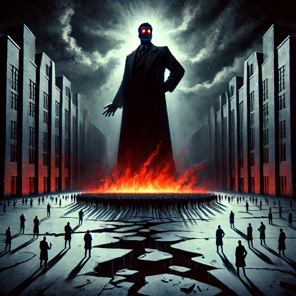 At 00101 The dark and authoritarian regime begins to rise A towering figure shrouded in shadow stands before a fractured society The ground is cracked and people are depicted as small silhouettes in the background representing the marginalized The flames of bigotry rise in the distance casting an eerie glow over the scene This image highlights the power shift towards authoritarianism with darkness overtaking the light