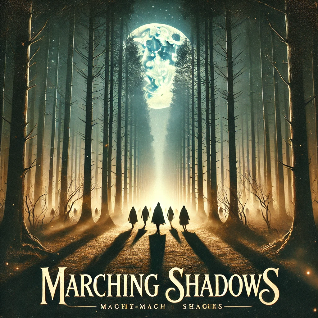 A mysterious scene in an enchanted forest with tall ancient trees casting long shadows The moonlight shines through the canopy illuminating a path where shadowy figures march forward holding hands with dark silhouettes The atmosphere is ethereal with wisps of fog and glowing spirits in the background Typography at the top reads Marching Shadows in a soft flowing font that reflects the indiefolk and ethereal theme of the song The overall mood is haunting yet serene with a mix of dark and golden tones