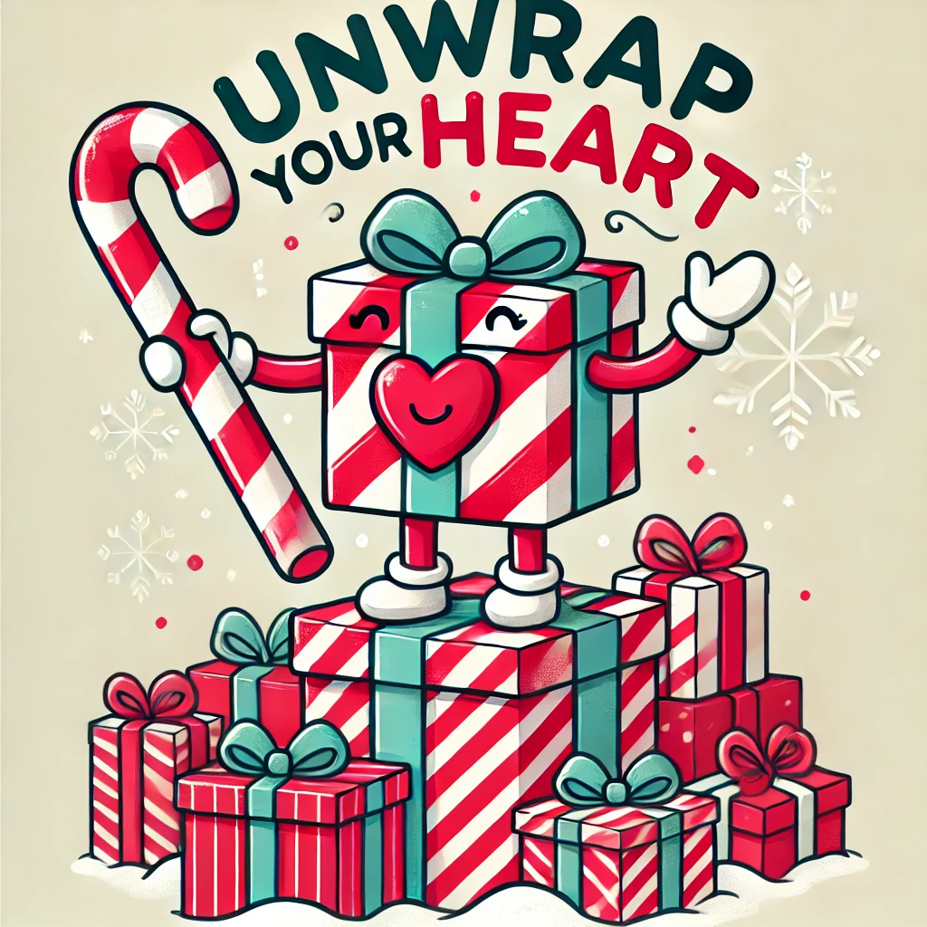 A whimsical holiday scene featuring a Christmas present with arms and legs holding a giant candy cane with the phrase Unwrap My Heart above in bold candystriped letters Snowflakes swirl around the gift as it stands atop a pile of other festive boxes creating a playful heartwarming atmosphere