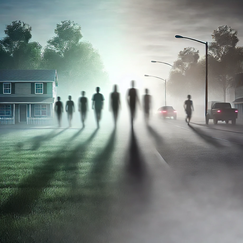 A transition scene where the shadows are growing larger moving slowly across the peaceful suburban neighborhood The edges are becoming darker with figures barely visible in the fog There is a subtle movement towards the center as the threat becomes more pronounced