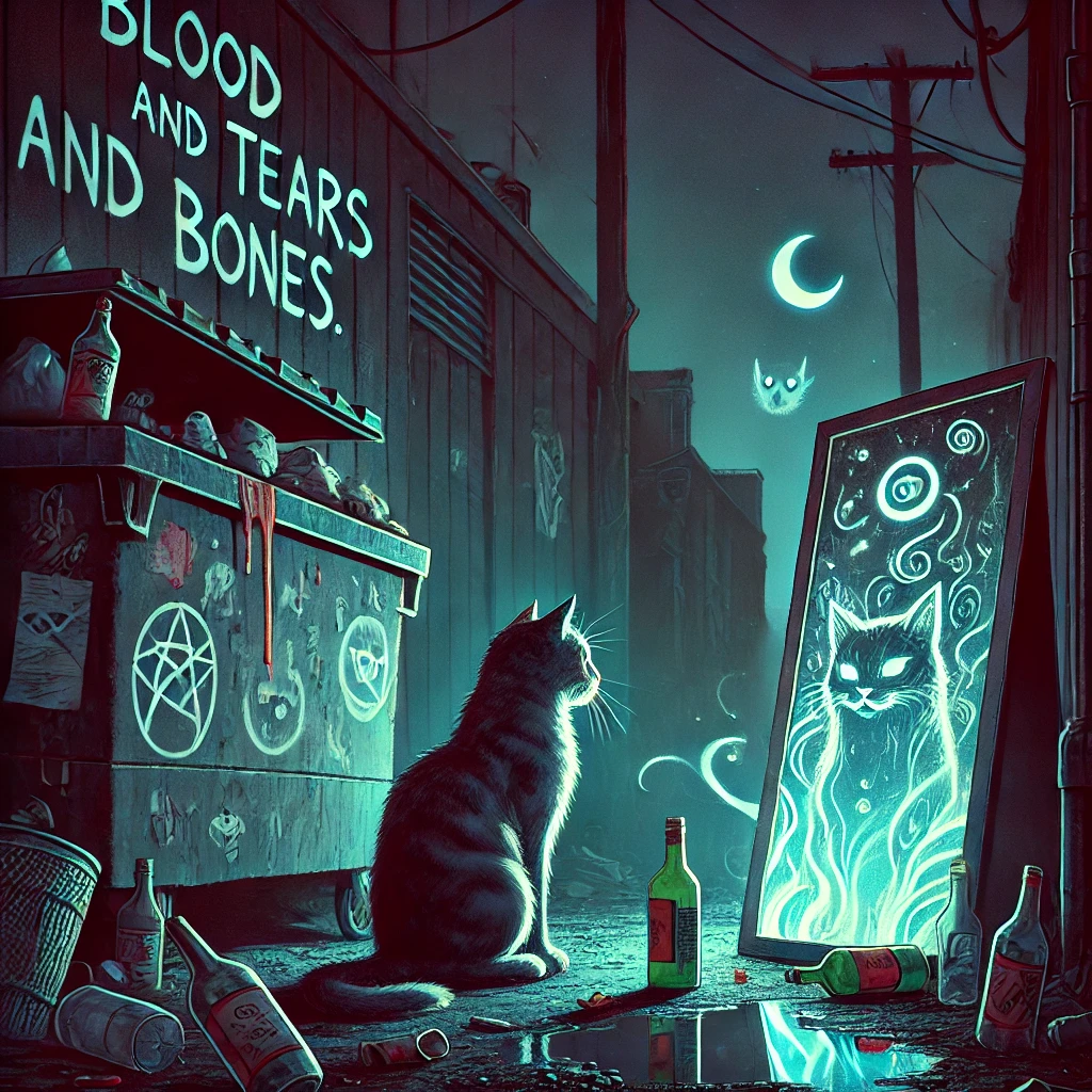 A quieter moment in a dark alley where TrashCats reflect on their journey The alley is filled with broken bottles greasy wrappers and glowing symbols painted on the walls One TrashCat looks into a cracked mirror leaning against a dumpster seeing a vision of their journey down the Witches Road The neon lights cast a soft glow and the reflection in the mirror shows swirling mist skulls and faint ghostly figures The mood is mysterious and introspective Typography in subtle glowing letters says Blood and Tears and Bones