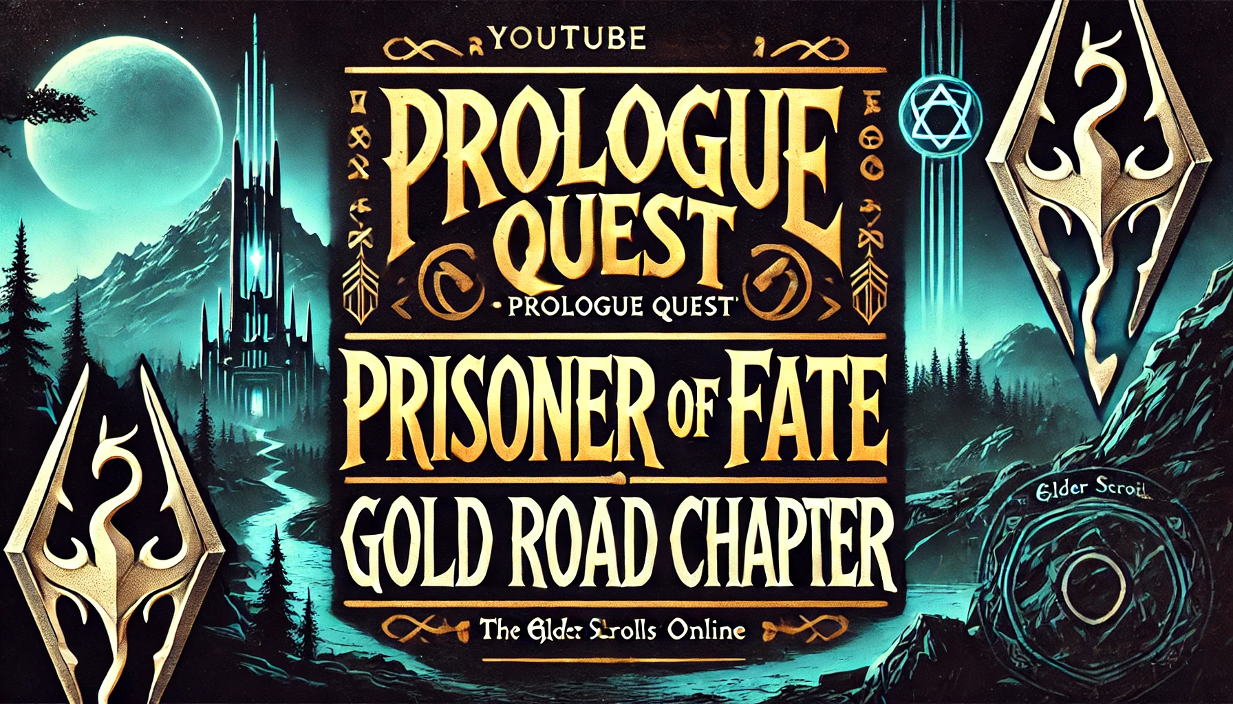 A bold 169 YouTube cover image featuring the phrases Prologue Quest Prisoner of Fate and Gold Road Chapter The typography for Prologue Quest is in bold serif font with an ancient carved look evoking a sense of adventure and epic quests Prisoner of Fate is in sharp gothicstyle font with glowing edges representing the dark and mystical theme of the story Gold Road Chapter is in sleek modern typography positioned beneath The background showcases a magical landscape with glowing runes and vibrant colors inspired by Elder Scrolls Online