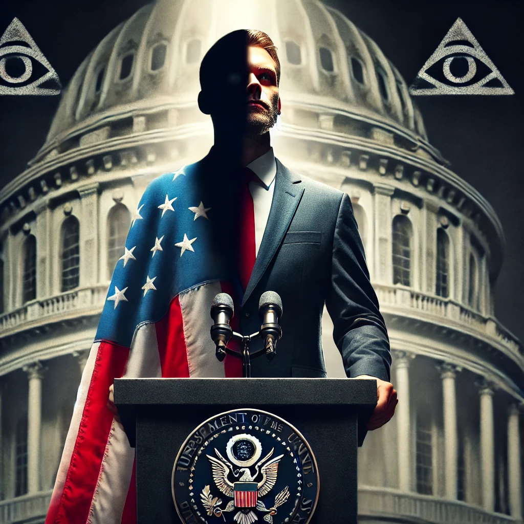 A powerful figure stands confidently on a podium half their face illuminated by light while the other half is consumed by shadows The figure wears a suit representing authority and the American flag is draped loosely over their shoulders Shadows reveal faint symbols of control and power lurking just beneath the surface The figure stands before a large imposing government building with small cracks barely visible hinting at the underlying corruption Soft spotlight on the face and flag with harsher shadows obscuring the other half of the figure Muted patriotic colors juxtaposed against dark grays and blacks dominate the shadowy half of the image