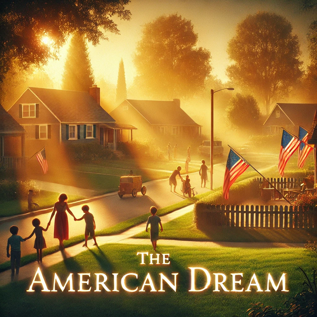 A serene suburban neighborhood bathed in warm golden sunlight children playing on green lawns and American flags waving in the breeze The scene is bright and peaceful evoking the American Dream In the background subtle shadows begin to creep in hinting at the ominous threat that lies ahead The mood transitions from tranquility to tension Typography The American Dream in soft glowing cursive font at the top gently fading as the shadows appear