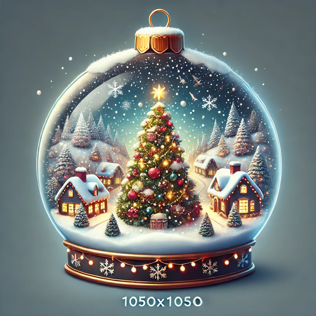 A 1050x1050 circular ornament design featuring a holiday snow globe with a cozy Christmas town inside The town is decorated with lights and Christmas trees and snowflakes are swirling around The scene captures the warmth and wonder of the holiday season fully contained within the circular frame