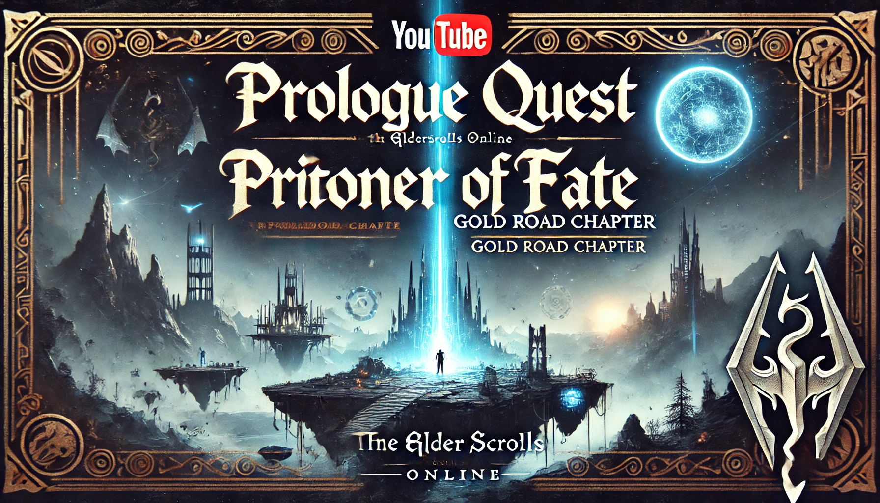 A 169 YouTube cover image for an Elder Scrolls Online walkthrough The cover should feature typography reading Prologue Quest Prisoner of Fate and Gold Road Chapter in bold gothic font styled with an RPG and Elder Scrolls Online theme The background shows a dark mystical landscape with floating platforms glowing Daedric runes and a beam of blue light shooting into the sky Shadowy figures and magical elements swirl around the scene capturing the fantasy aesthetic