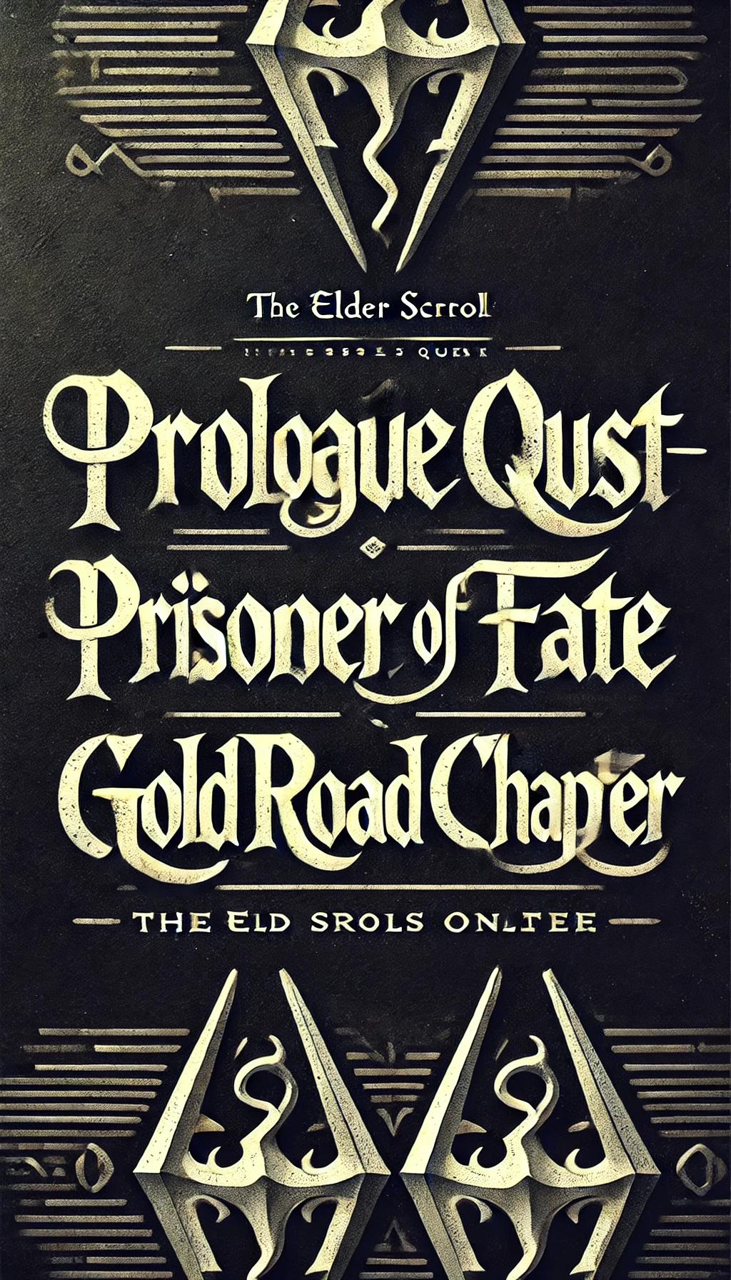 Typography reading Prologue Quest Prisoner of Fate and Gold Road Chapter in bold gothic font styled with an RPG and Elder Scrolls Online theme The letters should appear sharp ancient and slightly weathered as if carved into stone or metal with a mystical glowing aura surrounding them The background should be dark and fantasylike complementing the Elder Scrolls Online aesthetic